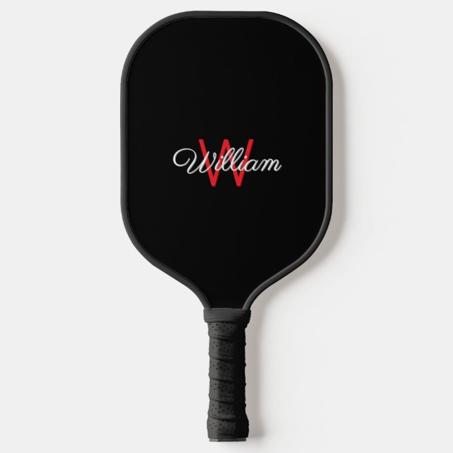 Elegant Minimalist Black Red Monogrammed Pickleball Paddle (Front)