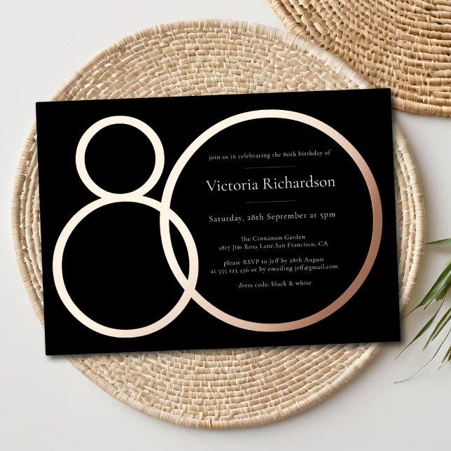 Elegant Minimalist Black Rose Gold 80th Birthday (Elegant Minimalist Black Rose Gold 80th Birthday Foil Invitation)
