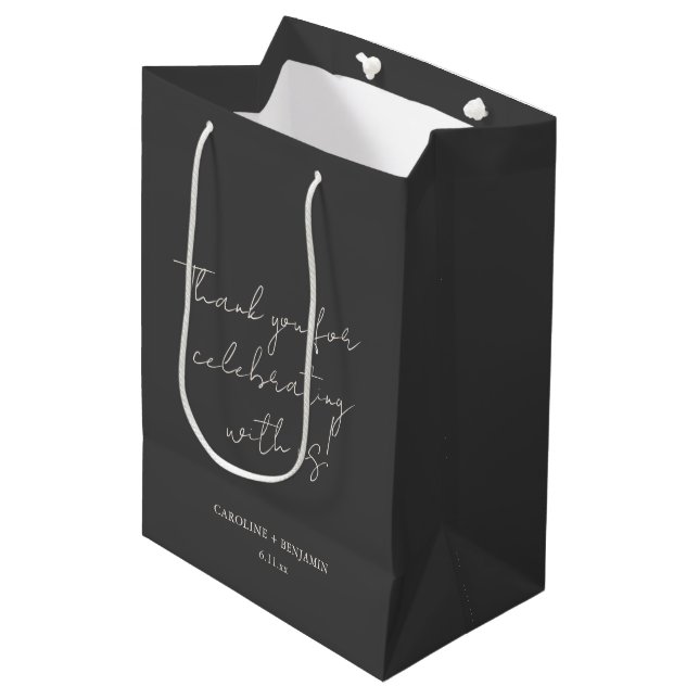 Elegant Minimalist Black Script Wedding Custom Medium Gift Bag (Front Angled)