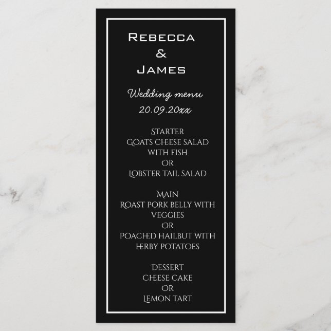Elegant Minimalist Black Wedding Menu Card (Front)
