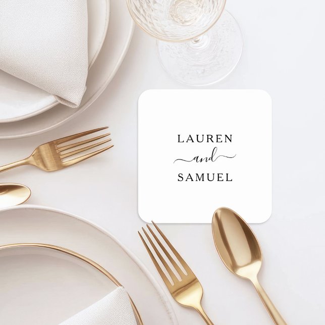 Elegant Minimalist Black Wedding Monogram Square Paper Coaster (Creator Uploaded)