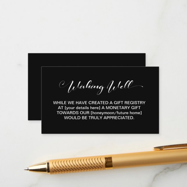 Elegant Minimalist Black Wedding Wishing Well Enclosure Card (Front/Back In Situ)