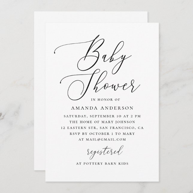 Elegant Minimalist Black & White Baby Shower Invitation (Front/Back)