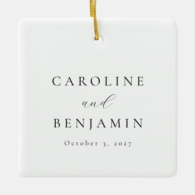 Elegant Minimalist Black White Calligraphy Wedding Ceramic Ornament (Front)