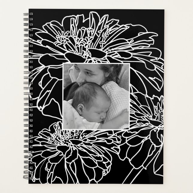 Elegant minimalist black white floral drawing  planner (Front)