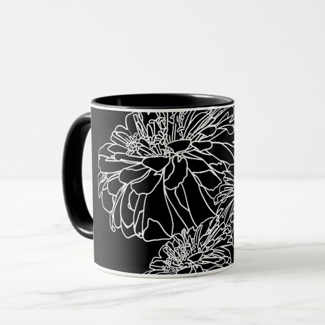 Elegant minimalist black white flower line drawing mug (Front Left)