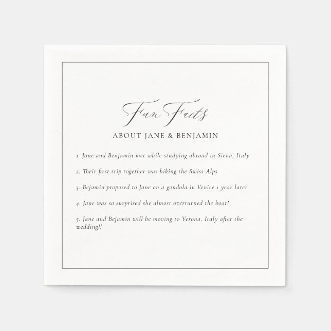 Elegant Minimalist Black & White Fun Facts Wedding Napkin (Front)