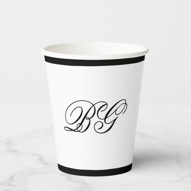 Elegant Minimalist Black White Monogram Wedding Paper Cups (Front)