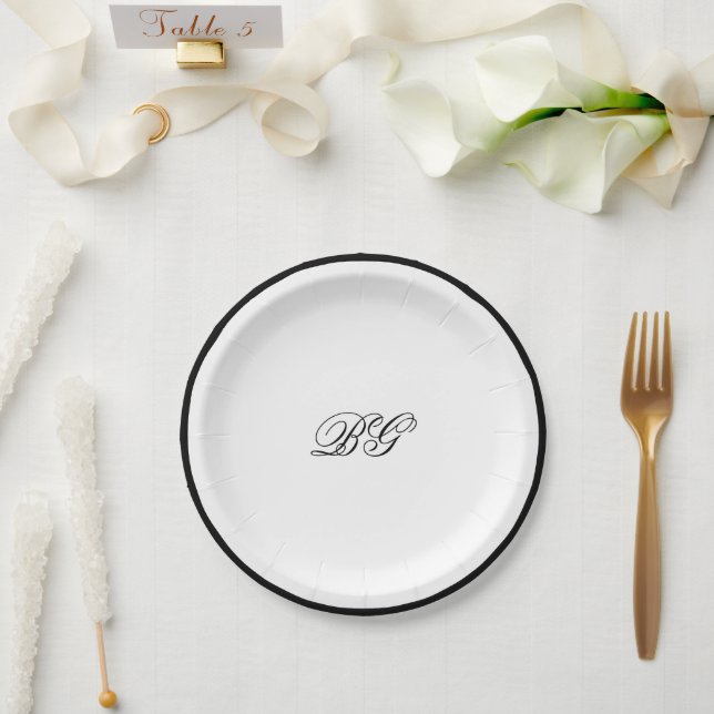 Elegant Minimalist Black White Monogram Wedding Paper Plate (Wedding)