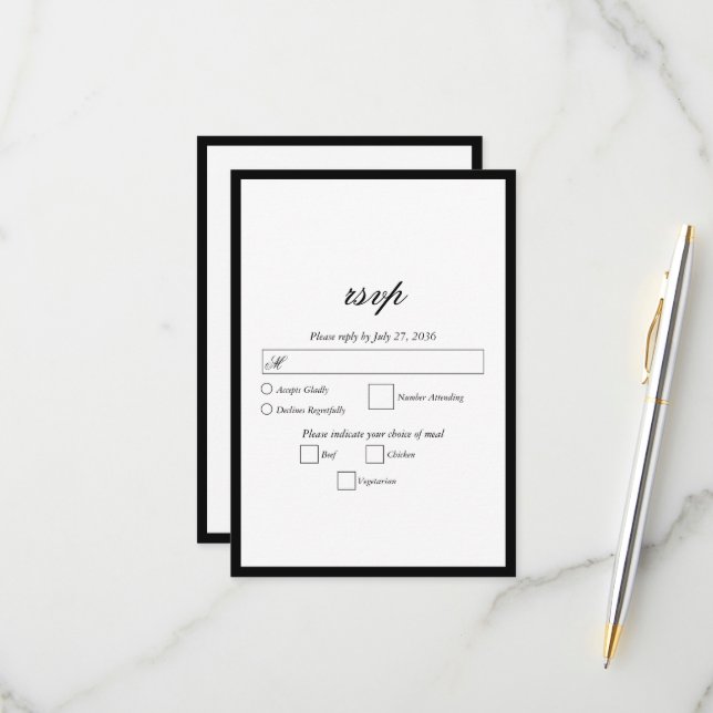 Elegant Minimalist Black White Monogram Wedding RSVP Card (Front/Back In Situ)