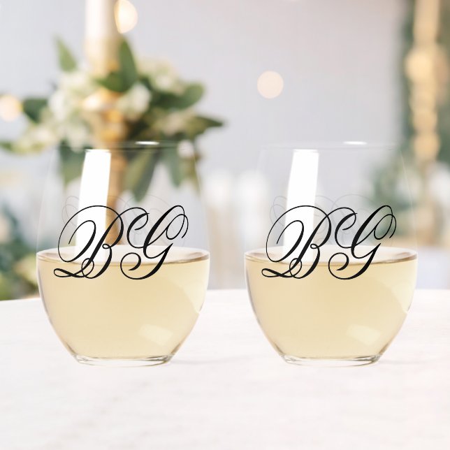 Elegant Minimalist Black White Monogram Wedding Stemless Wine Glass (Insitu (Wedding))