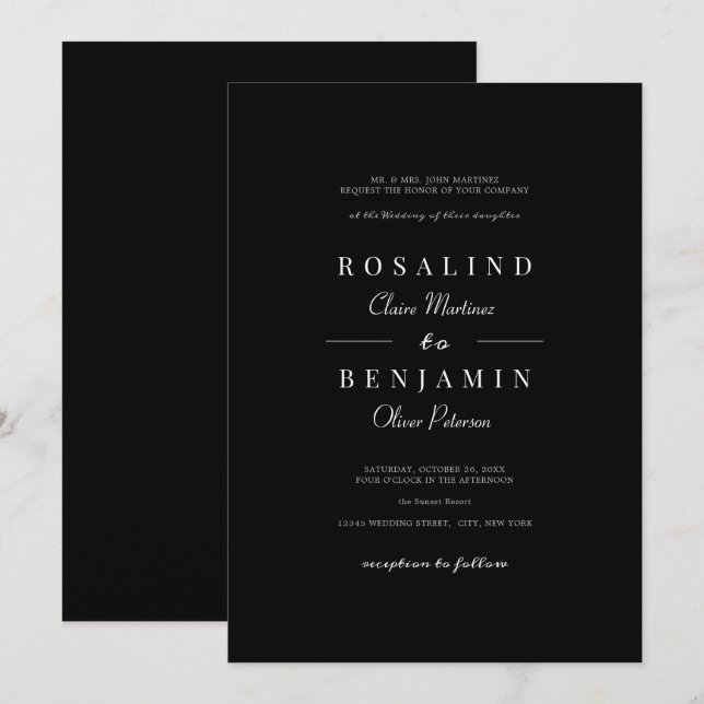 Elegant Minimalist Black White Typography Wedding Invitation (Front/Back)