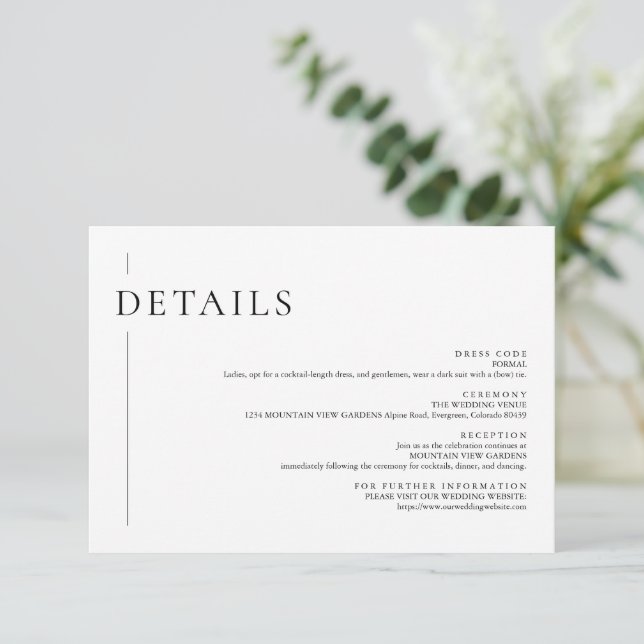 Elegant Minimalist black & White Wedding Details Enclosure Card (Standing Front)