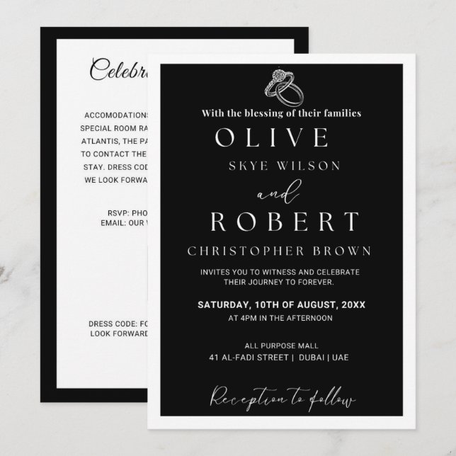 Elegant Minimalist Black &White Wedding Invitation (Front/Back)