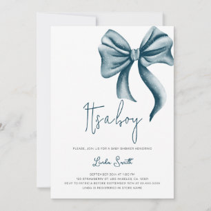 Elegant Minimalist Blue Bow Boy Baby Shower Invitation