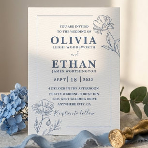 Elegant Minimalist Blue Floral Sketch Wedding  Invitation