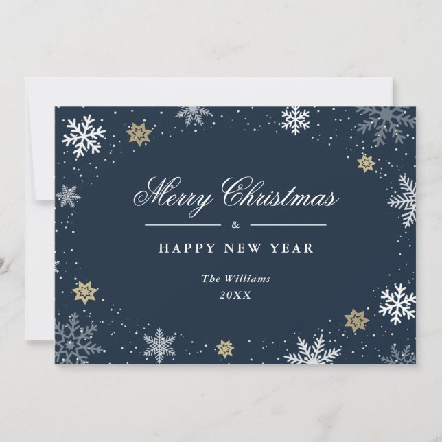 Elegant Minimalist Blue Gold Snowflake Holiday Card (Front)