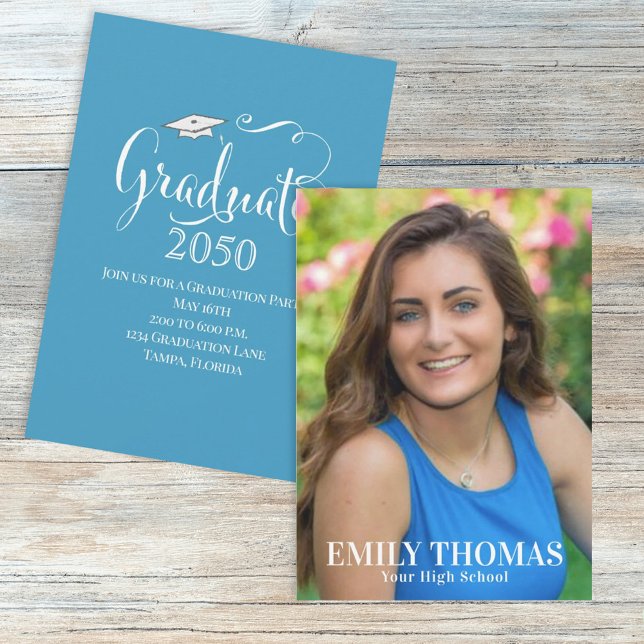 Elegant Minimalist Blue Graduation Photo Card (Creator Uploaded)