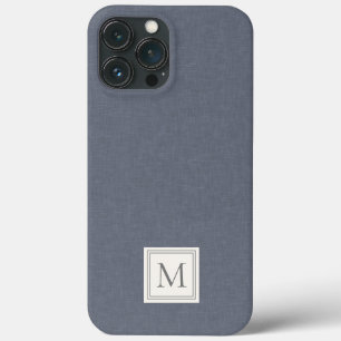 Elegant Minimalist Blue Grey Faux Linen Monogram iPhone 13 Pro Max Case