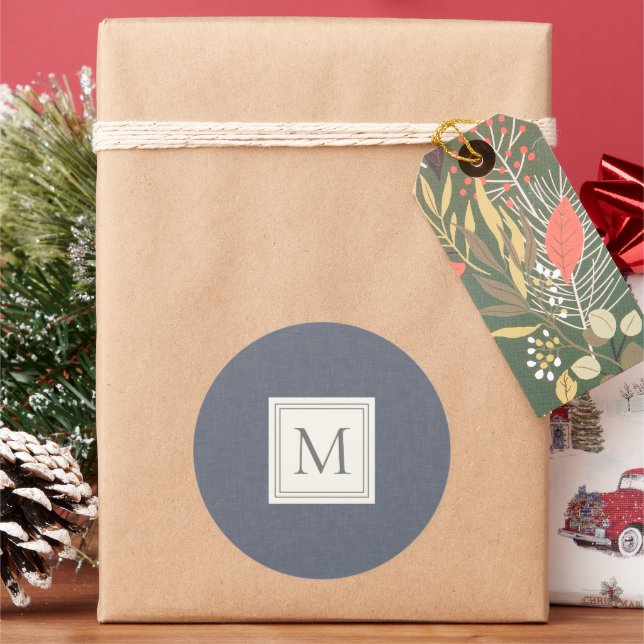 Elegant Minimalist Blue Grey Faux Linen Monogram Classic Round Sticker (Holiday)