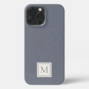 Elegant Minimalist Blue Grey Faux Linen Monogram iPhone 13 Pro Max Case