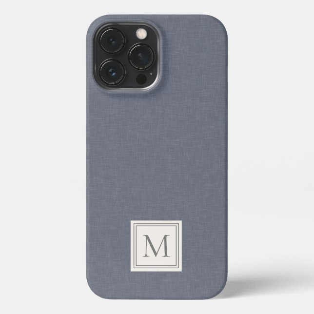Elegant Minimalist Blue Grey Faux Linen Monogram iPhone Case (Back)