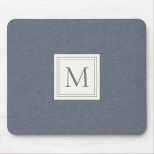 Elegant Minimalist Blue Grey Faux Linen Monogram Mouse Mat
