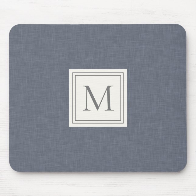 Elegant Minimalist Blue Grey Faux Linen Monogram Mouse Mat (Front)