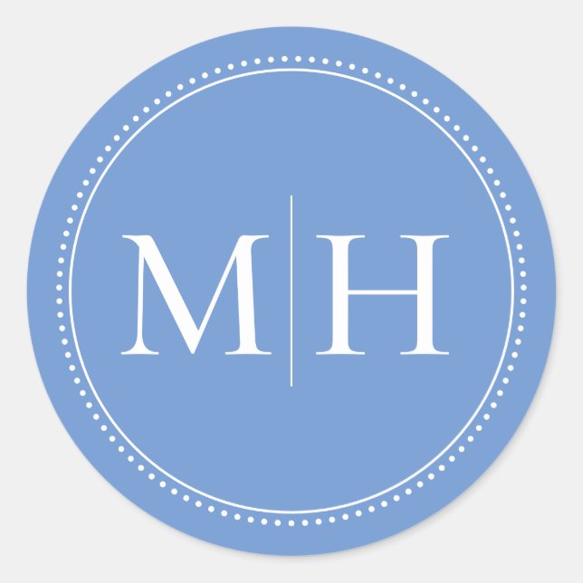 Elegant Minimalist Blue Monogram Dotted Border Classic Round Sticker (Front)