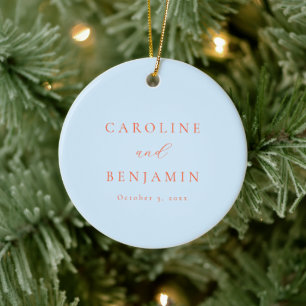 Elegant Minimalist Blue Orange Calligraphy Wedding Ceramic Tree Decoration