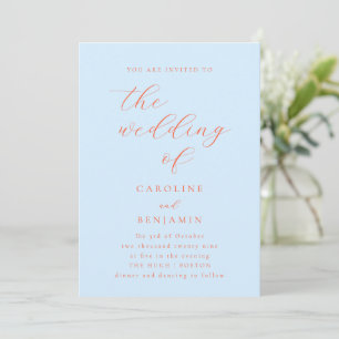 Elegant Minimalist Blue Orange Calligraphy Wedding Invitation