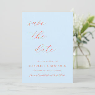 Elegant Minimalist Blue Orange Calligraphy Wedding Save The Date