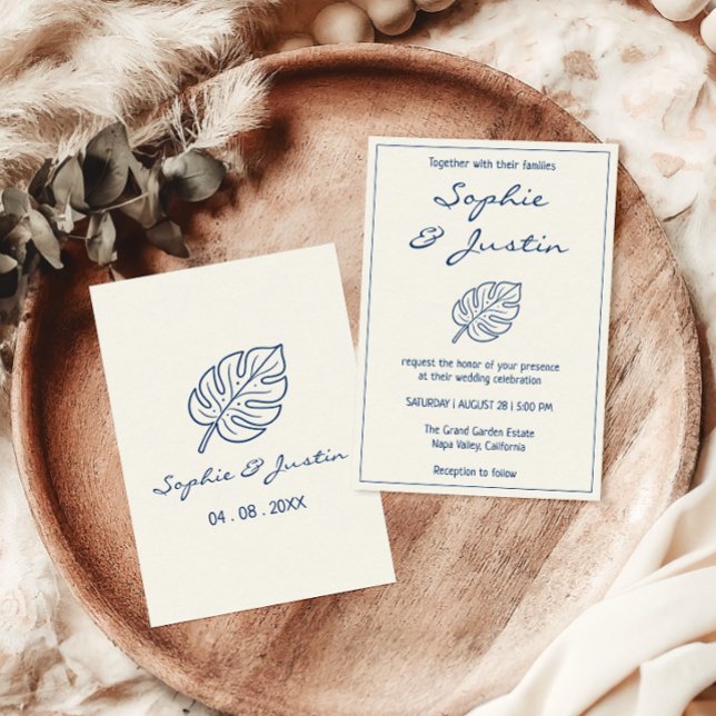 Elegant Minimalist Blue Tropical Leaf Wedding Invitation (Creator Uploaded)