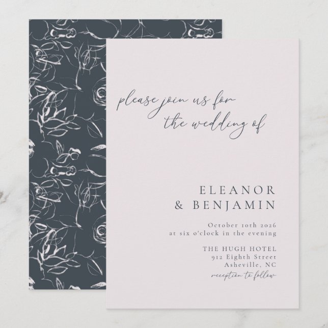 Elegant Minimalist Blush Grey Botanical Wedding Invitation (Front/Back)