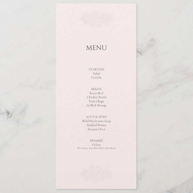 Elegant Minimalist Blush Pink Menu Card (Front)