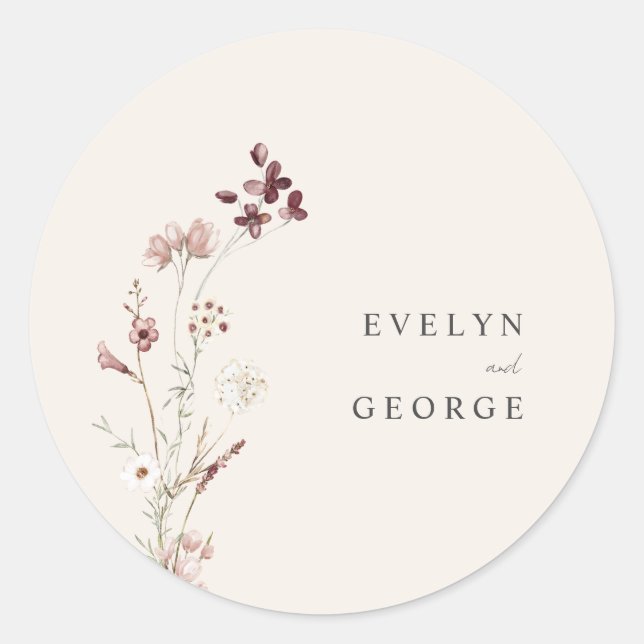 Elegant Minimalist Boho Floral Wedding Classic Round Sticker (Front)