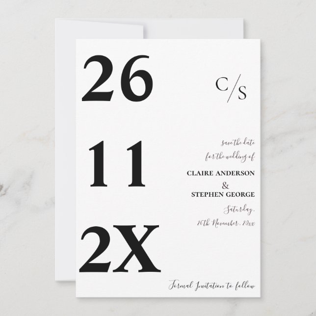 Elegant Minimalist Bold Font Black White Wedding Save The Date (Front)