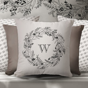 Elegant minimalist botanical wreath letter W Cushion