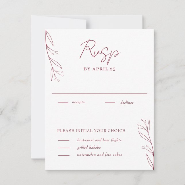 Elegant Minimalist Botanicals Burgundy RSVP Card (Front)