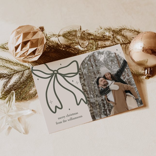 Elegant Minimalist Bow Single Photo Holiday Card (Elegant Bow Arch Photo Christmas Card)
