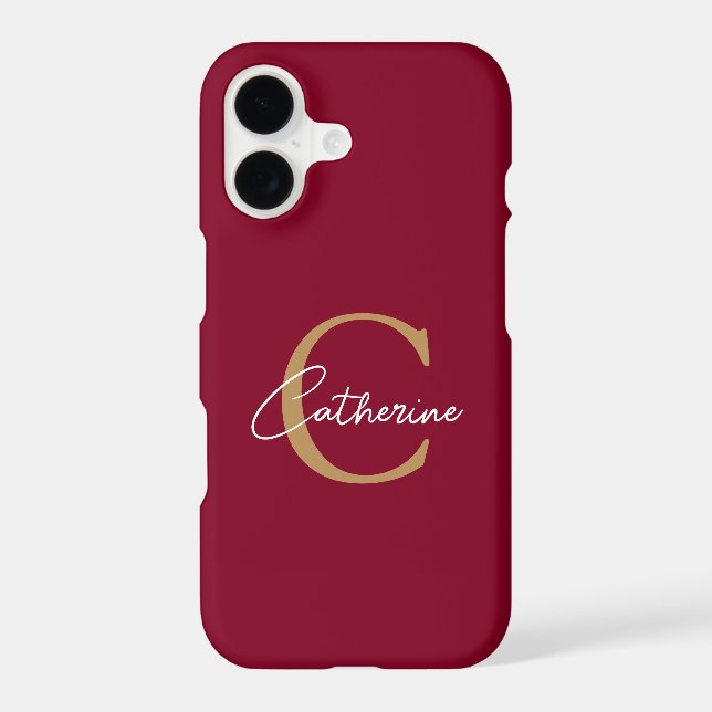 Elegant Minimalist Burgundy and Gold Monogram iPhone Case (Back)