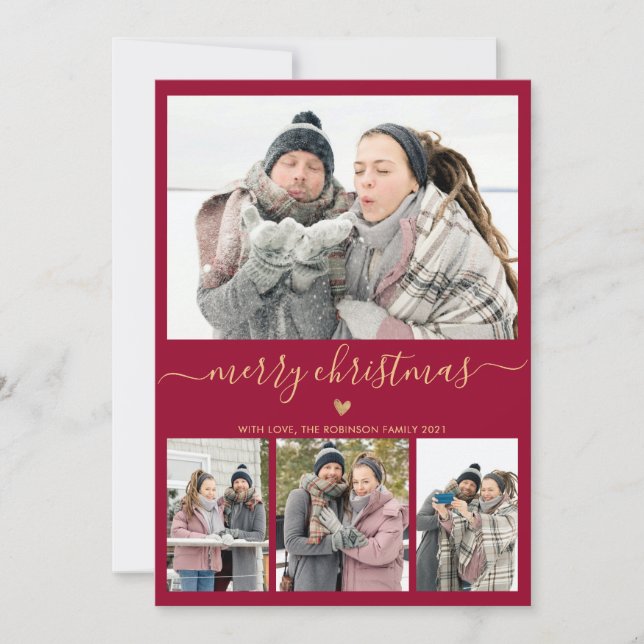Elegant Minimalist Burgundy Gold 4 Photo Christmas Holiday Card (Front)
