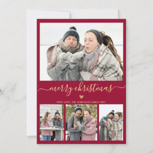 Elegant Minimalist Burgundy Gold 4 Photo Christmas Holiday Card