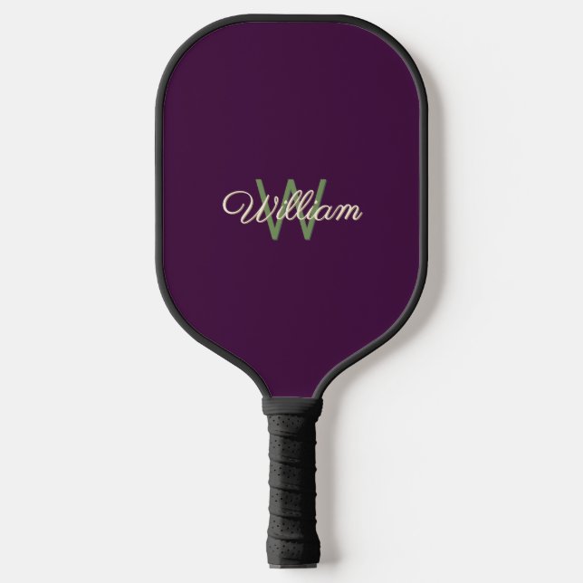 Elegant Minimalist Burgundy Green Monogrammed Pickleball Paddle (Front)