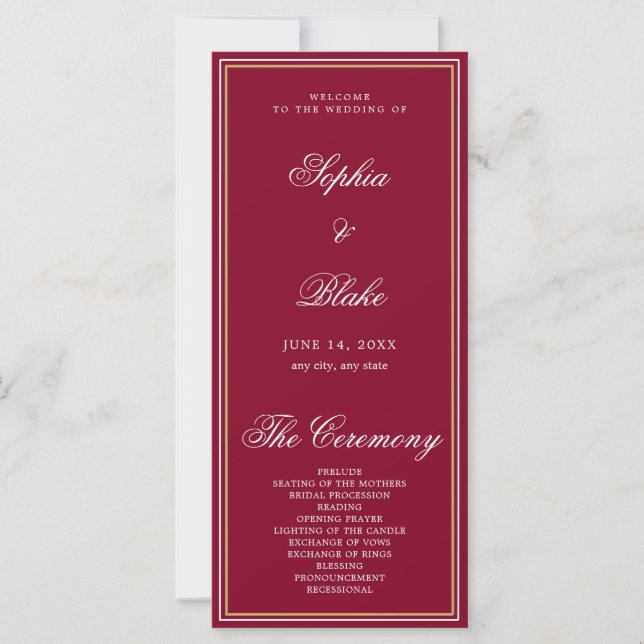 Elegant Minimalist Burgundy Wedding Program (Front)