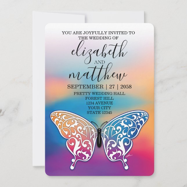 Elegant Minimalist Butterfly and Sunset Design Invitation (Front)
