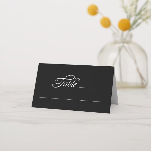 Elegant Minimalist Calligraphy Black Wedding Place Card (Front)