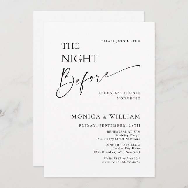 Elegant Minimalist Calligraphy Rehearsal Dinner Invitation (Front/Back)
