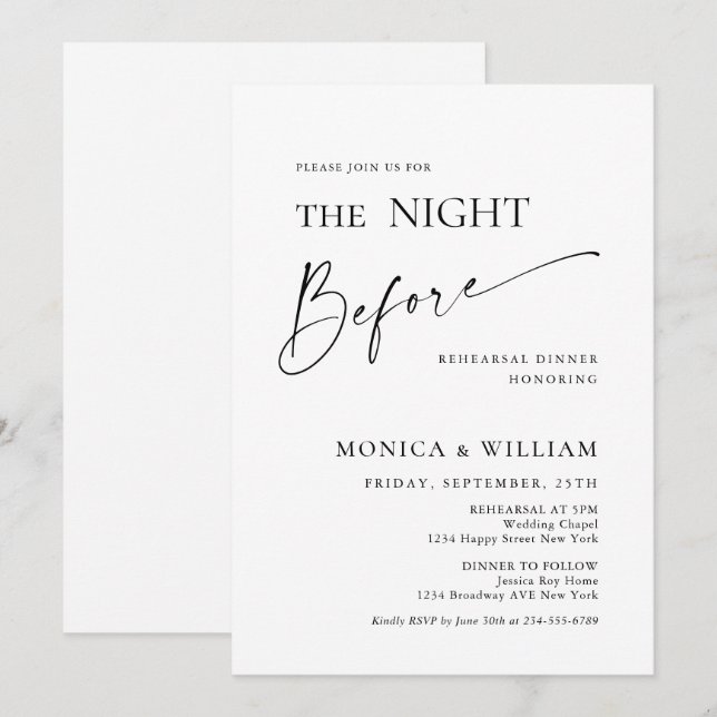 Elegant Minimalist Calligraphy Rehearsal Dinner Invitation (Front/Back)