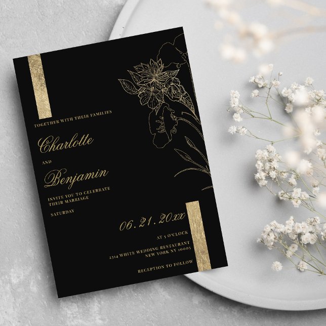 Elegant minimalist chic black gold floral wedding  invitation (Elegant minimalist chic black gold floral wedding )